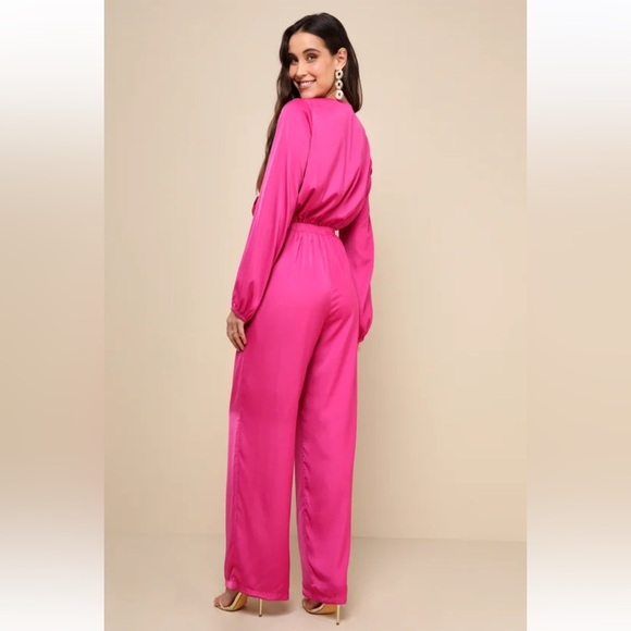 Lulu's NWT Trendsetting Direction Magenta Satin Tie Front Wide Leg Jumpsuit - Picture 2 of 11